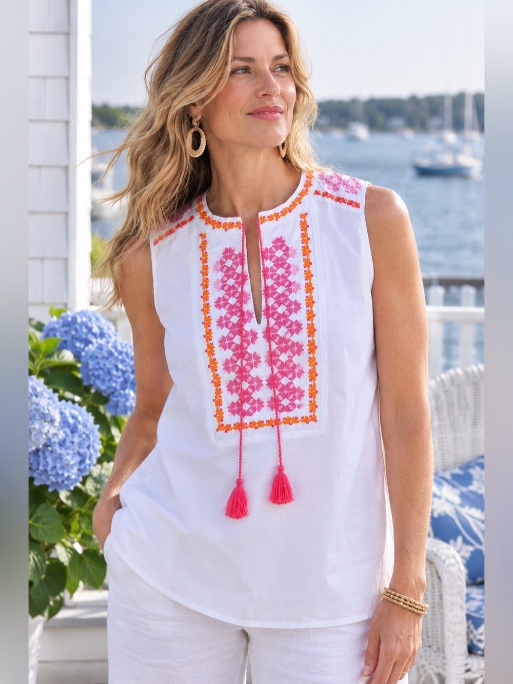 J Crew Womens Embroidered Tank Top Sz 6 White Pink Cotton Boho Tassel Blouse